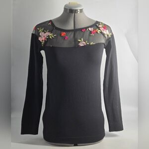 Black Long Sleeve Top with Floral Embroidery M